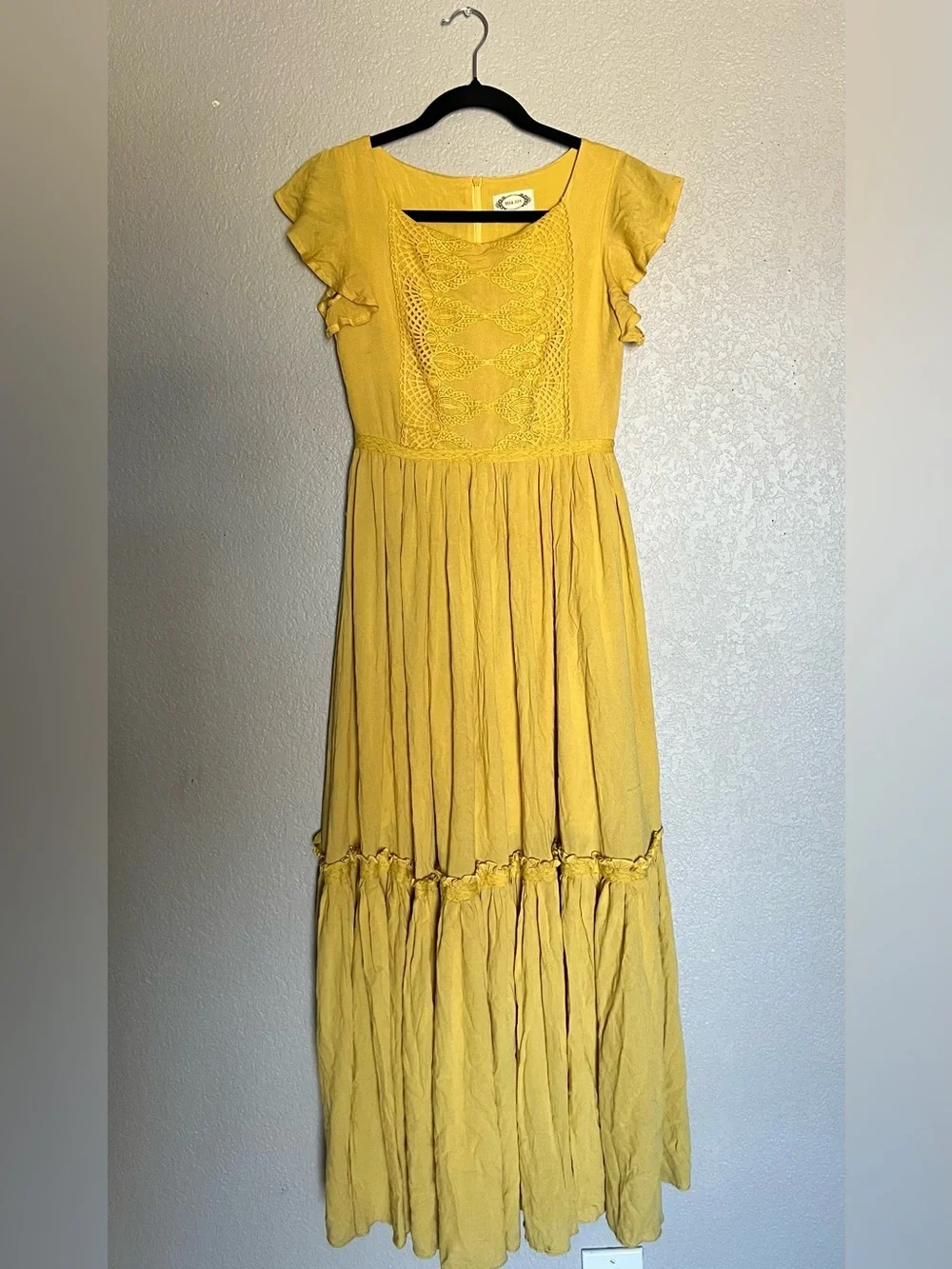 Joyfolie Viola Dress Size 12 Mustard Yellow Tiered Maxi Dress Boho Cottagecore
